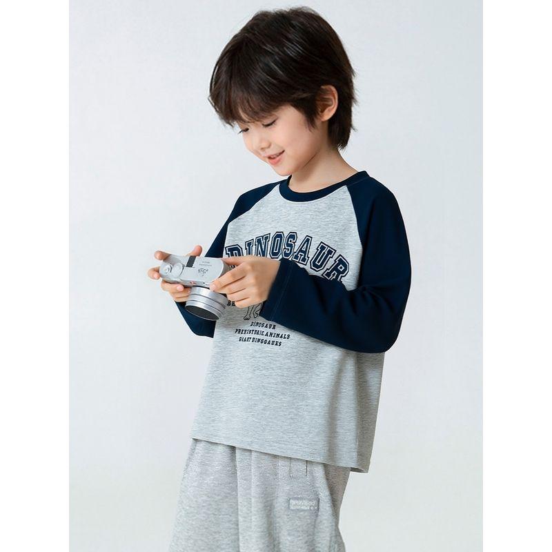 New Korean-Style Spring Tops for Older Children, Children's Clothing, Boys' Cartoon Dinosaur Long-Sleeve T-Shirt, Raglan Pure Cotton Base Shirt