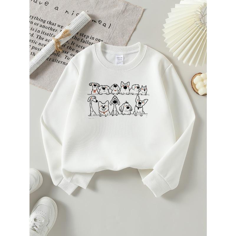 European Sizes Girls' Soft Crewneck Sweatshirt with Cute Dogs Cartoon Pattern, Casual All-Match for Fall Winter, Ideal Present.