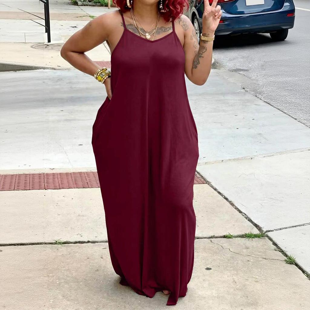 Women's Loose Fit Sleeveless Maxi Dress Casual Spaghetti Strap Relaxed Style Long Dress with Pockets for Summer Fashion