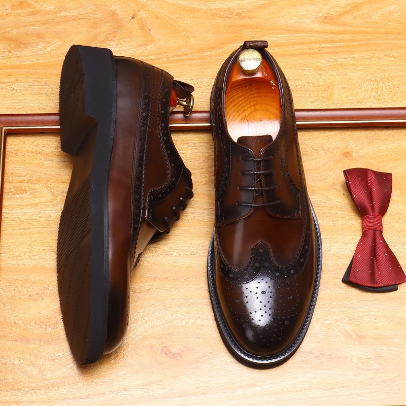 British Style Men's Round Toe Brogue Leather Shoes - Thick-Soled Casual Wedding Groom Shoes