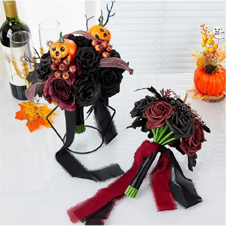 Halloween Wedding Bouquets with Pumpkin for Bride and Bridesmaids, Bridal Bouquets Wedding Bouquets with Ribbon