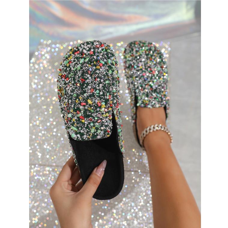 Women's Spring and Autumn Sequined Half Slippers with Cork Toe Caps Comfortable and Casual Non Slip Flat Bottomed Sandals