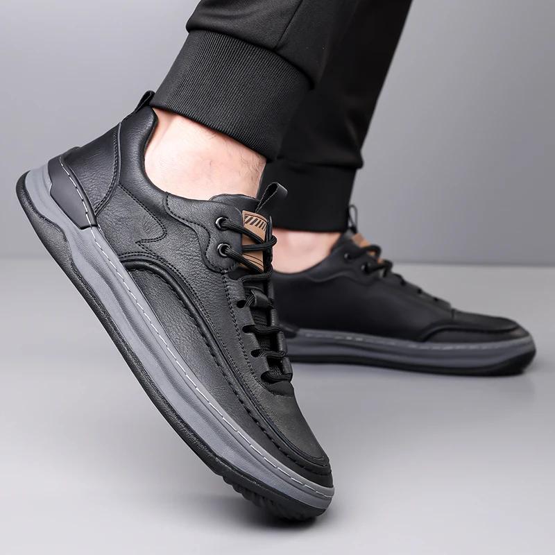 High Quality Men Thick Soled Comfy Casual Leather Shoes Four Season Genuine Leather Outdoor Walking Shoes Fashion New Board Shoe