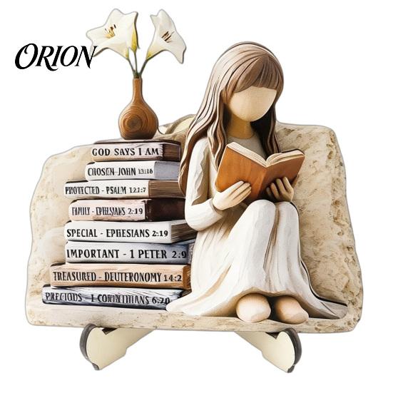 Warm Home Decor Accent Piece Wooden Reading Girl Figurine, Stable Pastoral Style Statue Desktop Artistic Ornament for Shelves Decor, Healing Ornament,