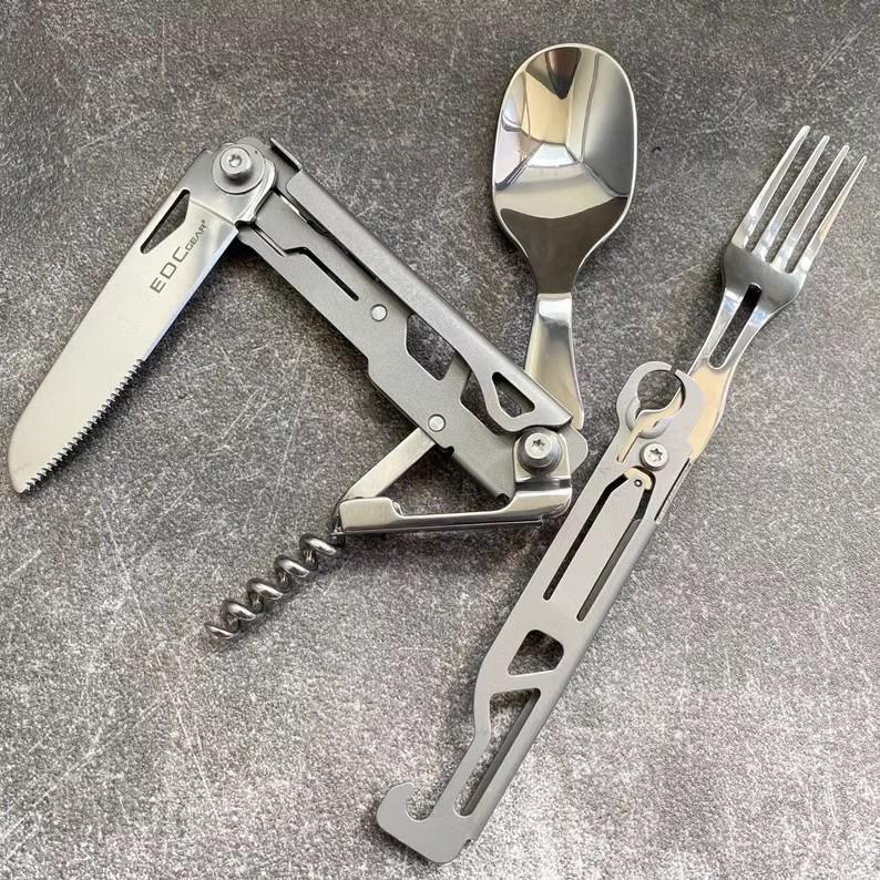 Portable Multifunctional Stainless Steel Folding Cutlery Set with Fork, Spoon, Knife, & Bottle Opener