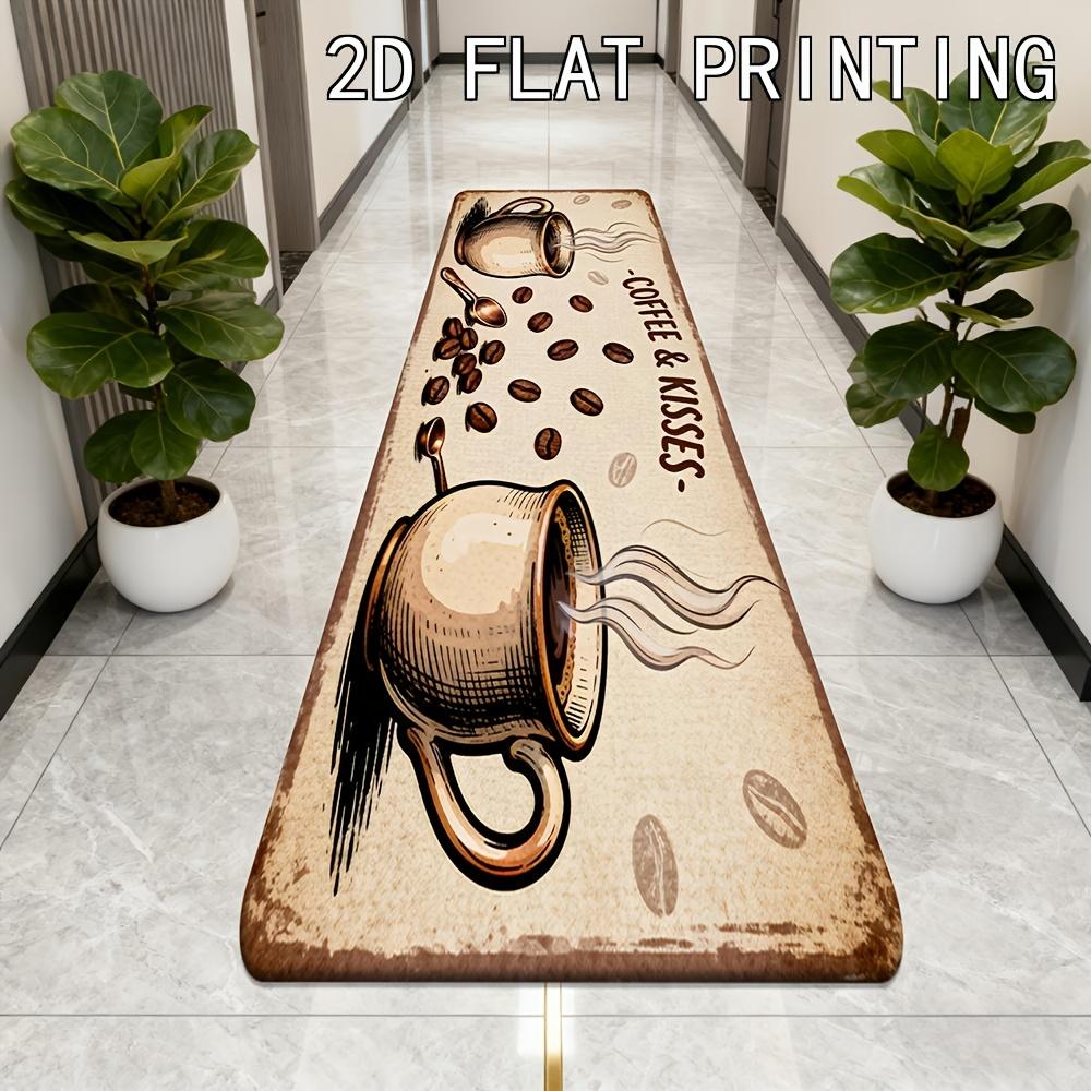 Warm Vintage Distressed Coffee Cup Bean Text Runner Rug, Non-Slip Kitchen Rug for Kitchen, Living Room, Bathroom & Daily Holiday