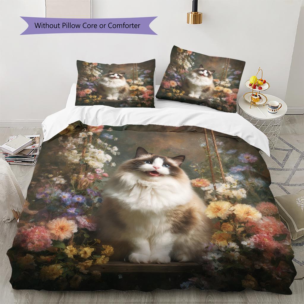 Ragdoll Cat and Fresh Flowers Pattern Bedding Home Decoration Birthday Gift (1 * Duvet Cover + 2 * Pillowcase, Without Core)