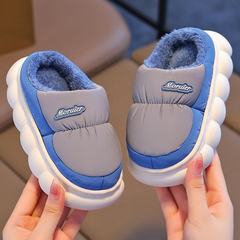 Children's cotton slippers for boys, winter plush and thickened, girls' furry parent-child anti-slip baby down fabric waterproof cotton shoes