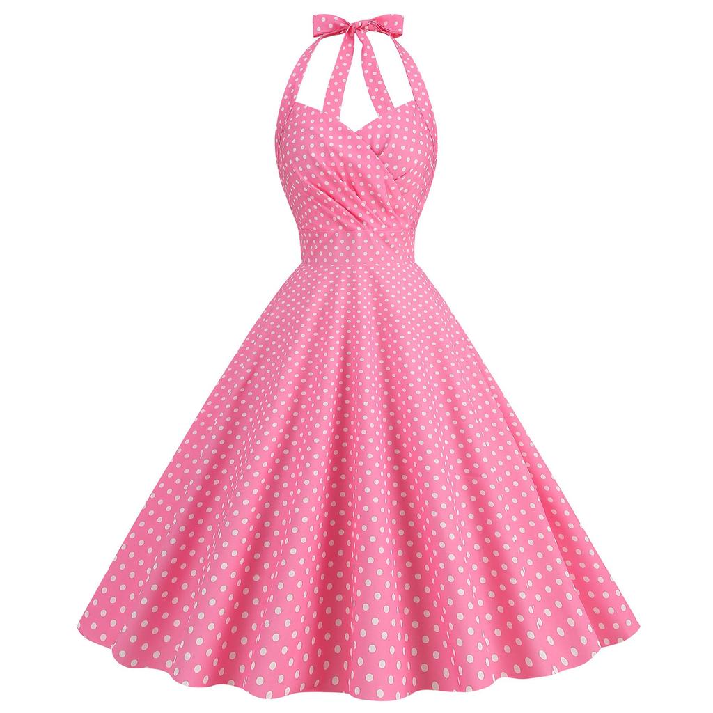 2023 Hot-Selling Barbie Pink Polka Dot Halterneck Ruched Swing Dress