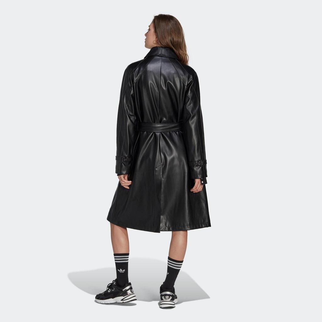 adidas Originals Trefoil Faux Leather Double-Breasted Long Trench Coat Women Outerwear Black II6083