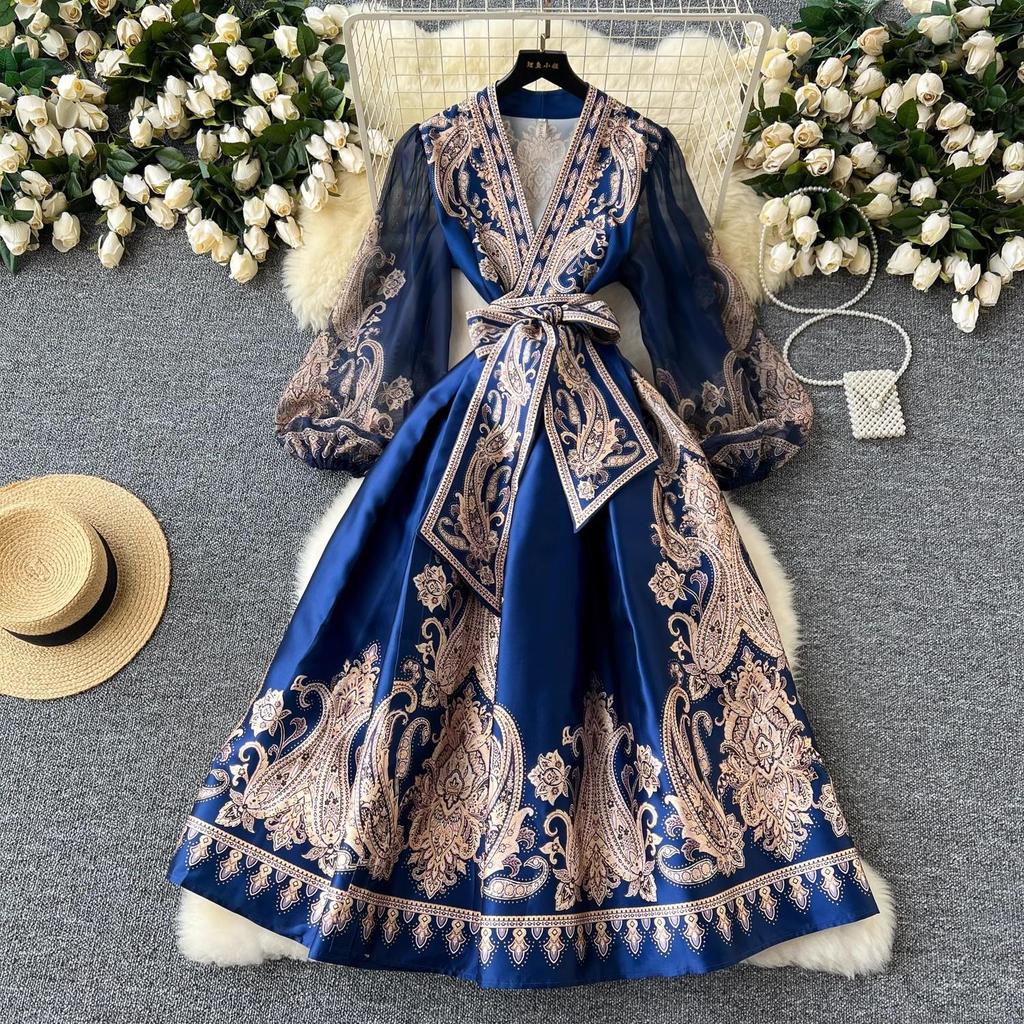Nuovo vestito da festa con stampa floreale Paisley autunnale Boho da donna con scollo a V, maniche a lanterna, tasche con lacci, un pezzo lungo, vestido