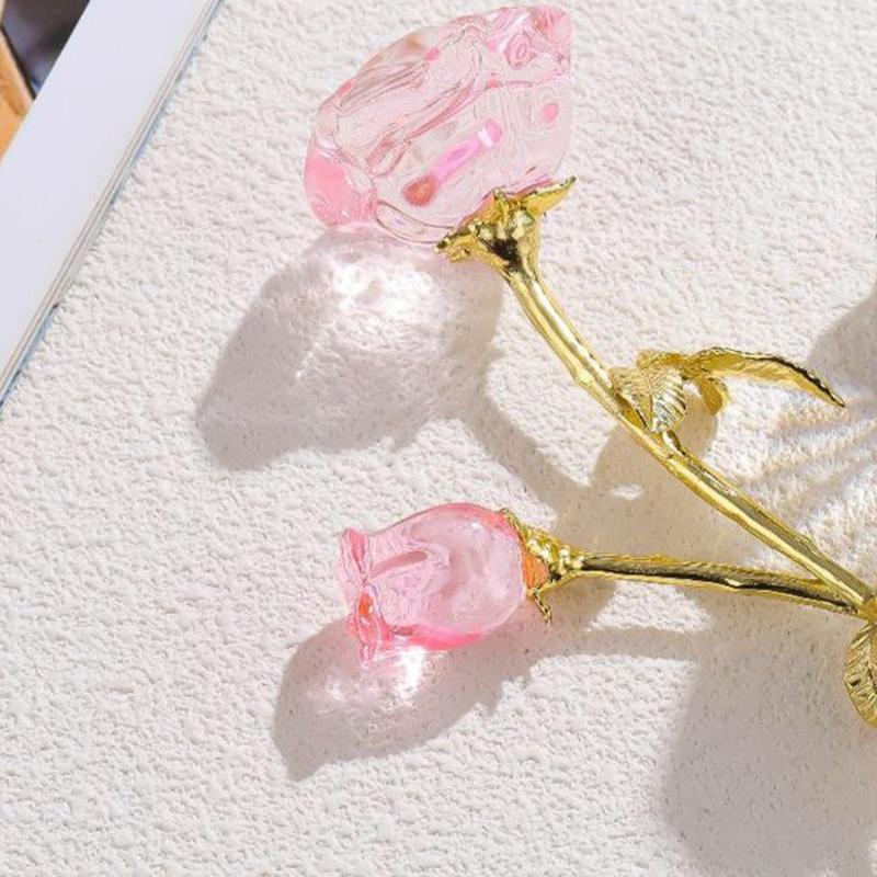 Crystal Rose Sculpture with Vase Collectible Flower Ornament Wedding Anniversary Gift for Home Decoration Accent