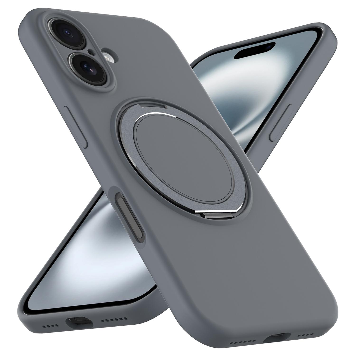 

For iPhone 16 Plus Case Compatible with MagSafe Rotating Metal Kickstand PC+Silicone Phone Cover Pink