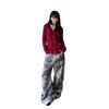 Womens Relaxed Fit Distressed Embroidered Letter Camo Denim Pants High Waist Baggy Cargo Style Streetwear