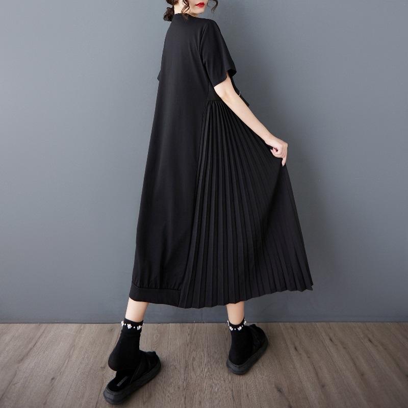 Short Sleeve Plus Size Vintage Black Pleated New In Dresses for Women Casual Loose Long Summer Dress