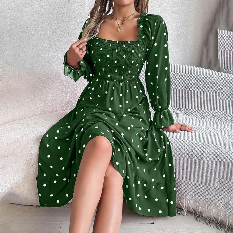 Autumn Winter Women Lace Up High Waist Long Sleeve Pleated Dress Solid Dot Temperament