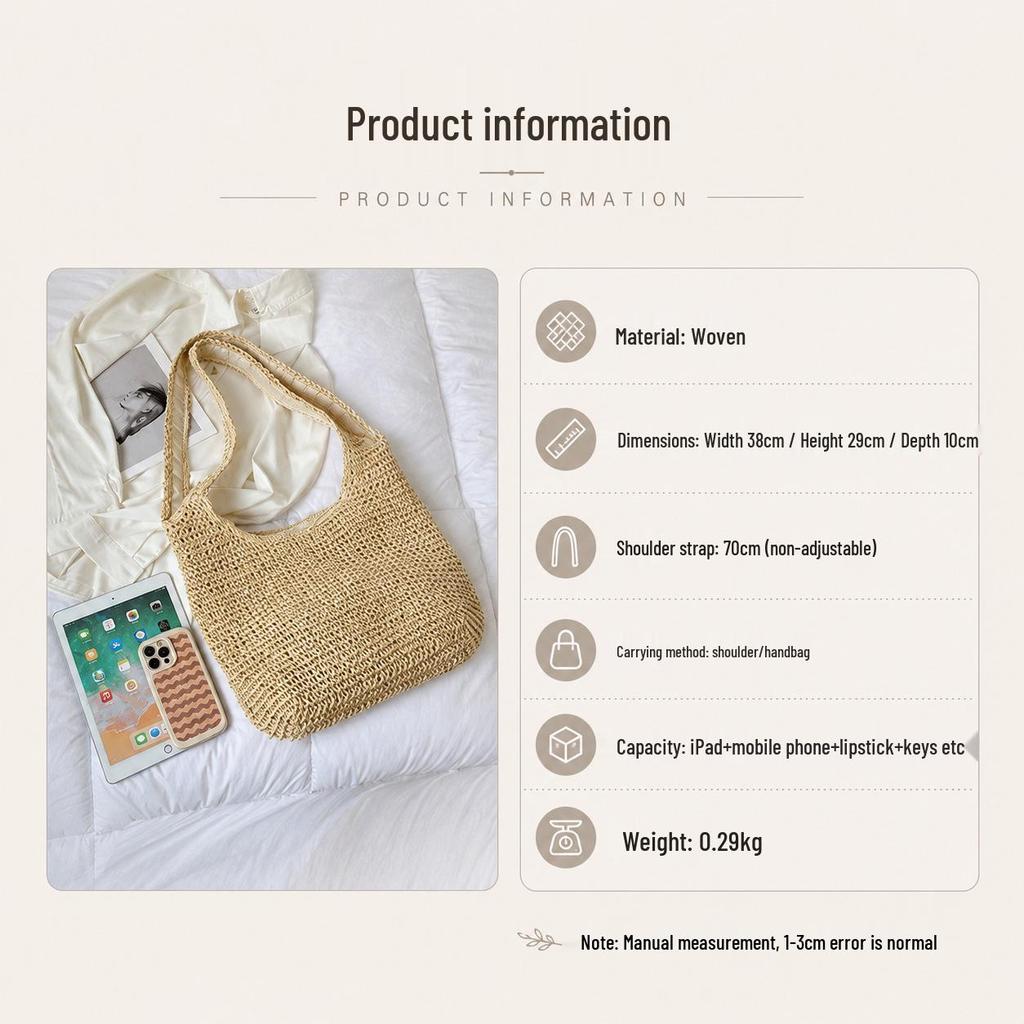 Women's Large Capacity Straw Shoulder Bag - Handmade Woven Tote for Beach Holidays