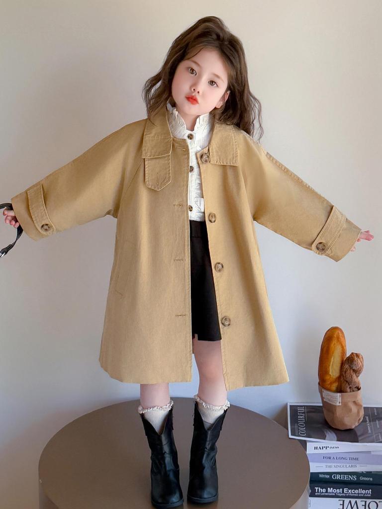 Lässiger Mädchen-Trenchcoat in mittlerer Länge - Frühling/Herbst Koreanischer Stil mit Reverskragen in Uni