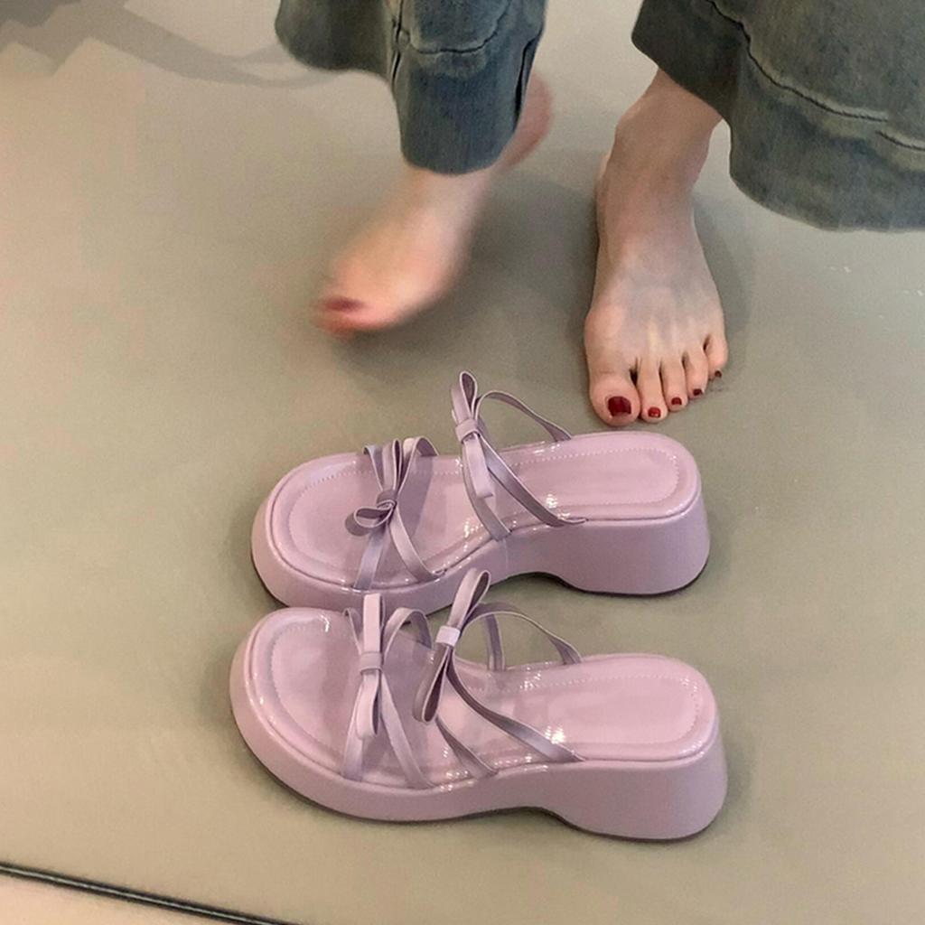 Small thick-soled heightened one-word slippers, women's gentle and sweet bow open-toed wearing cool slippers