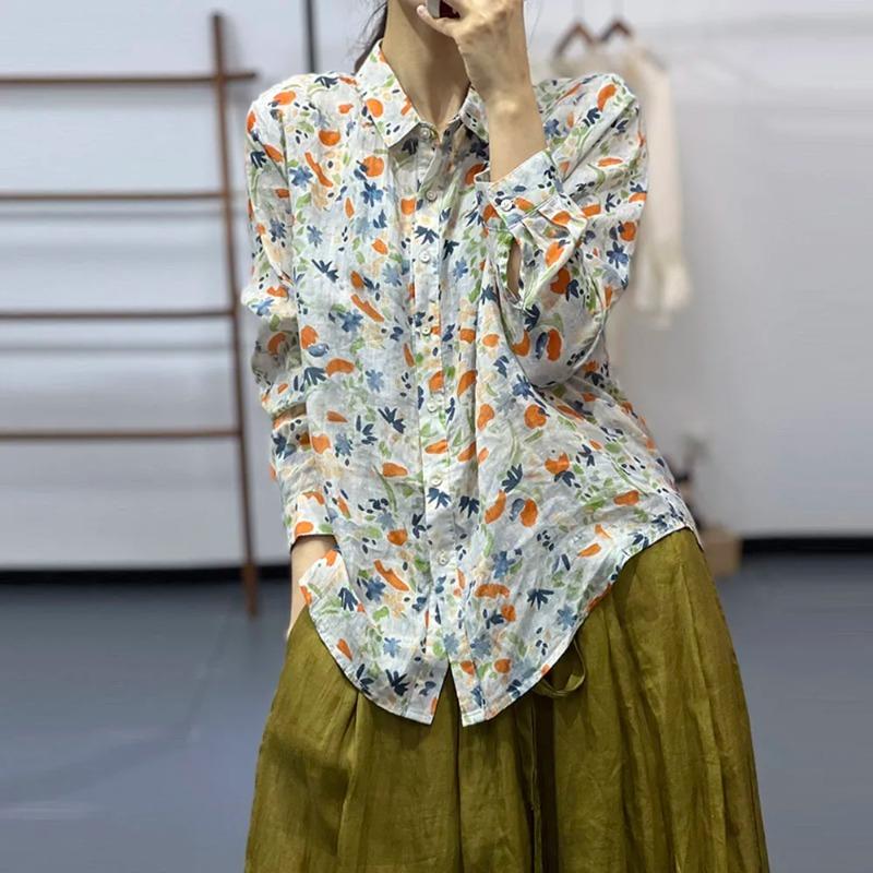 Women Floral Print Linen Long Sleeve Button Down Shirt M