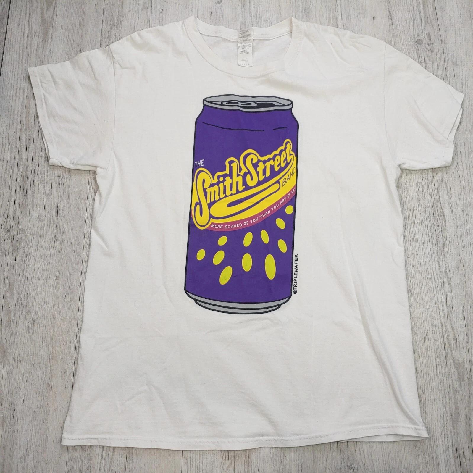 

Smith Street Band White Unisex Graphic 100% Cotton T-shirt Mens Tees Top Size L Purple Soda Can Print L