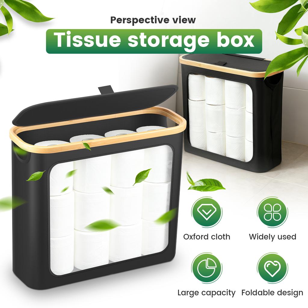 Bathroom Toilet Paper Basket Foldable Storage Box with Bamboo Lid Large Capacity Waterproof Tissue Organization Basket Dispenser