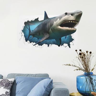 3D-Hai durchbricht Wandaufkleber Cartoon Wütender Hai Selbstklebend Coole Wandkunst für Jungenzimmer und Flur Dekor