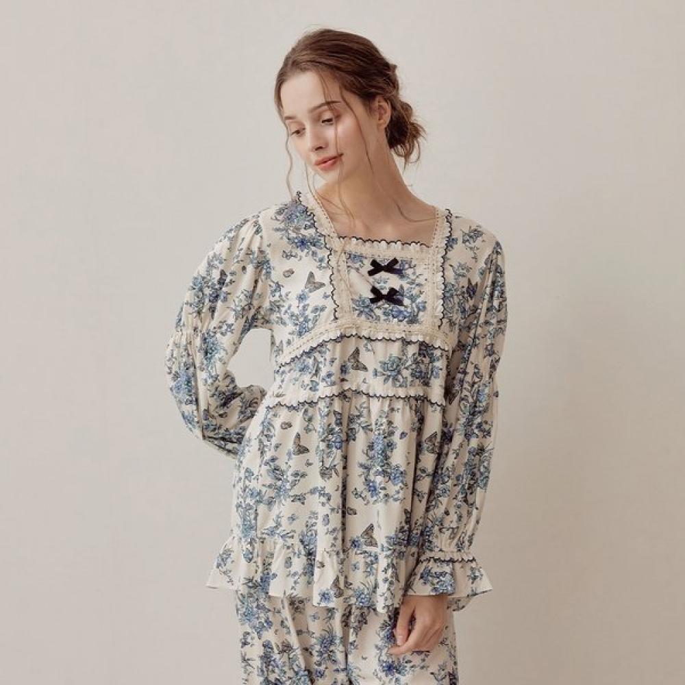 Lunaluz Women S Long Sleeve Square Neck Two Piece pajamaS Jardin Modal Cotton Blue/free