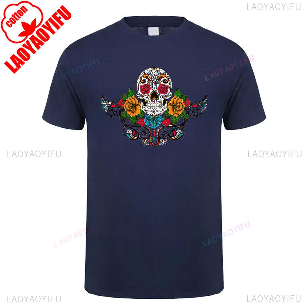 Cotton Summer Short Sleeve Mexican Skull Unisex Tee Round Neck Breathable Vintage Pattern Graphic Shortsleeved Launched Top