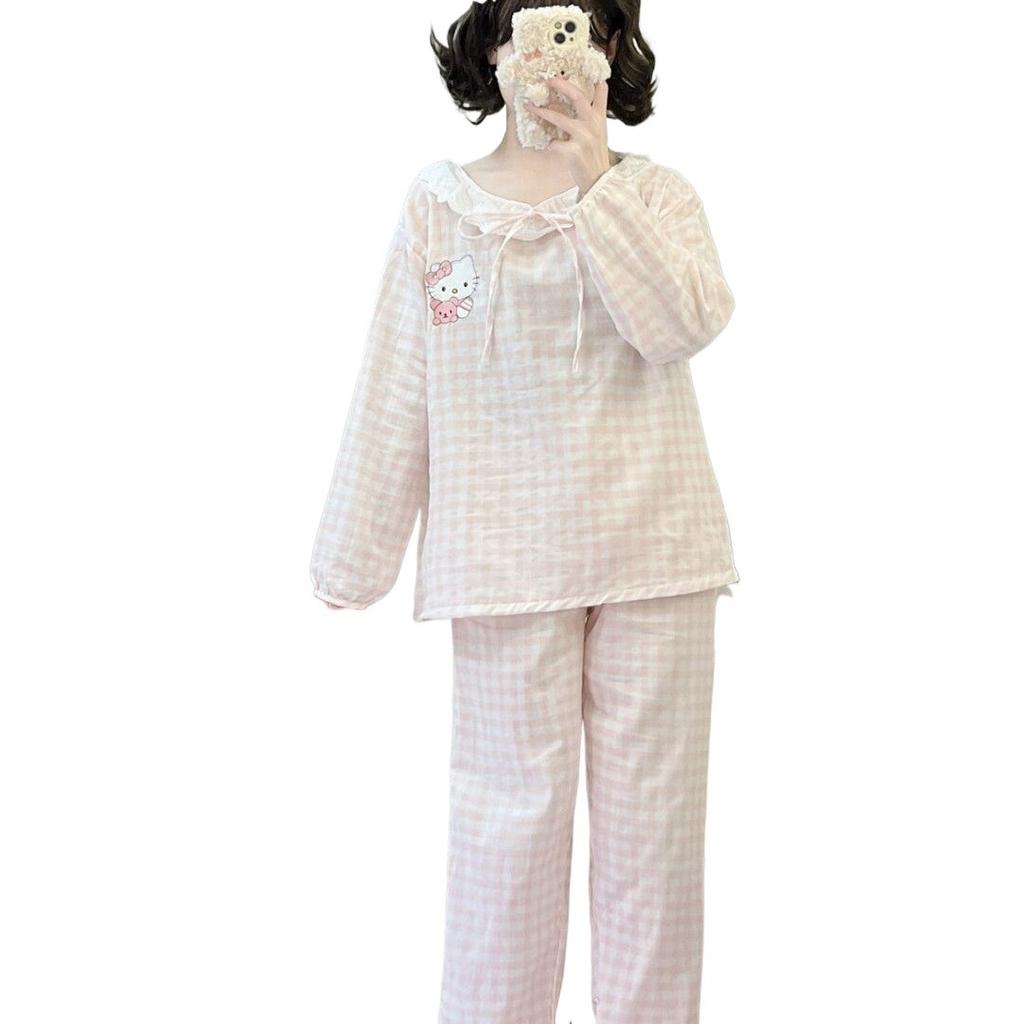 Plaid lace hellokitty cat pajamas women's spring and autumn long-sleeved student homewear suit outer wear spot