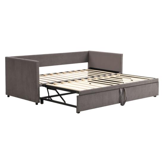 Upholstered Bed Extendable Sofa Bed 90/180x200cm with Slatted Frame, Multifunctional Bed Made of Skin-Friendly Velvet Fabric