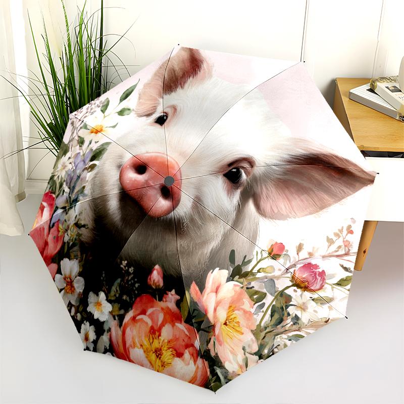 Pink Piglet Pattern, Automatic Folding Umbrella, Portable and Foldable Design, 8 Ribs, a Christmas or Birthday Gift.