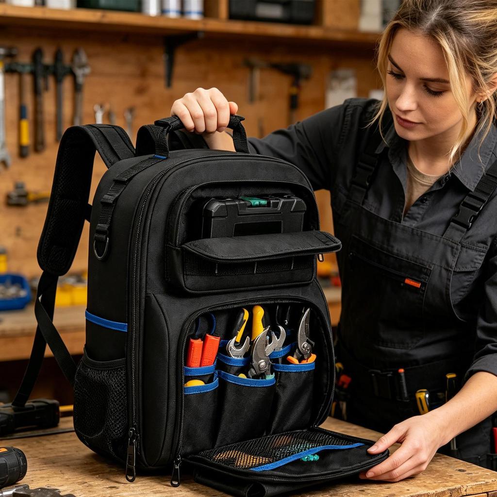 Storage Bag Tool Backpack Heavy Duty Hard Bottom with Multiple Pockets Work Tool Backpack for Technician Electrician Carpenter
