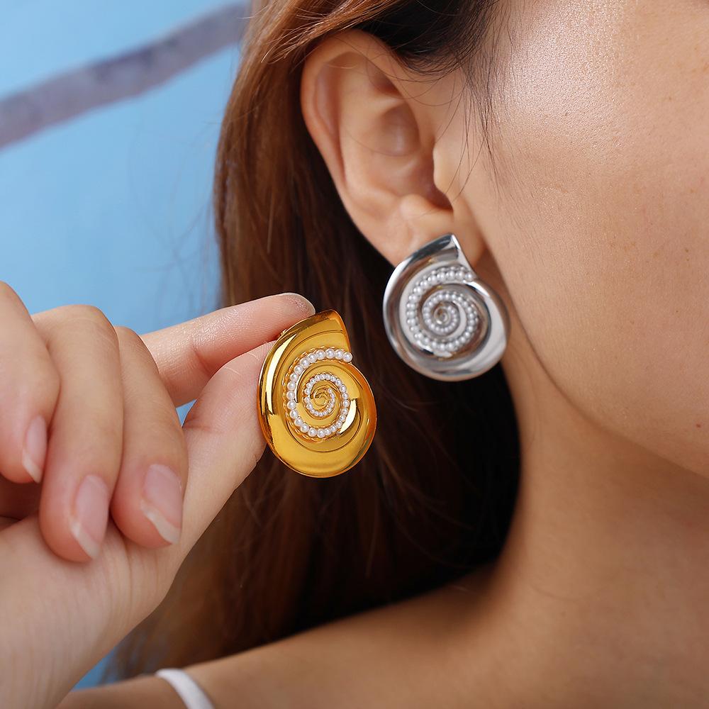 Retro Style Simple Thread Imitation Pearl Earrings Stainless Steel Gold-Plated Diamond-Encrusted Versatile Earrings Women