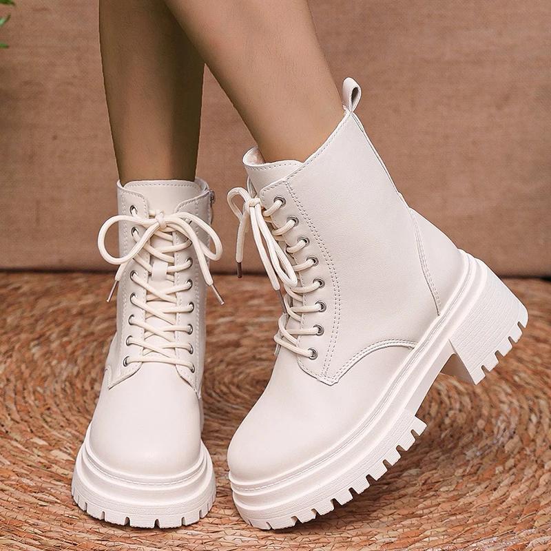 Fashion Women's Winter Warm Short Plush Ankle Boots Comfy Pu Leather High Heels Botas Mujer Fashion Lace Up Zip Platform Combat Boots