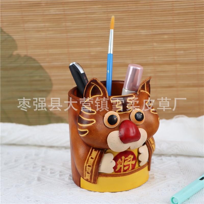First Layer Cowhide Tiger Pen Holder Office Desktop Ornament Zodiac Tiger Creative Storage Bucket Children'S Gifts