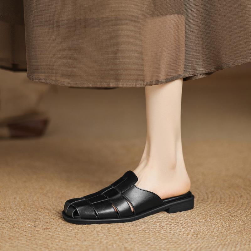 

New cool slippers women s summer one-pedal bag head slippers casual flat-bottomed sandals large size shoes solid color rubber soft sole 39