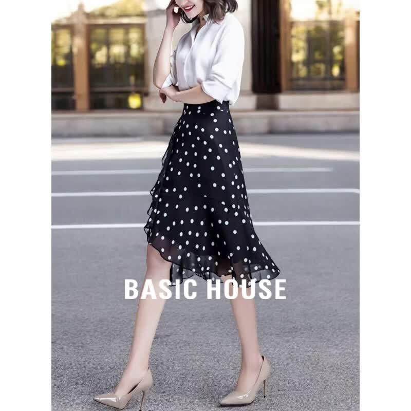 Basic House Women s Polka Dot Chiffon A-Line Midi Skirt M