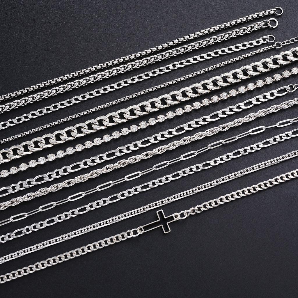 Simple Stylish Punk Hip-Hop Stainless Steel Cross Rhinestones Chain Bracelet Set for Men Women Vacation Date Casual Jewelry Gift