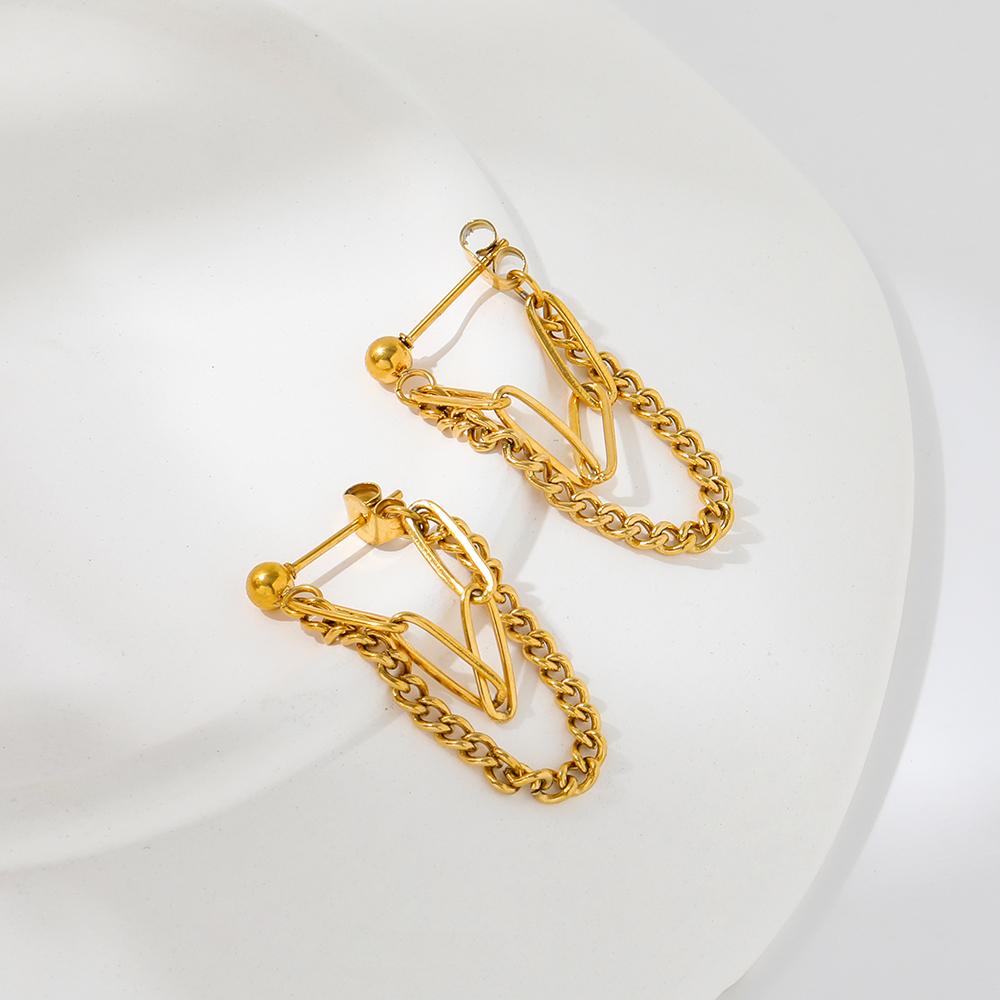 Fenny Jewelry 18K Gold-plated Double Layer Pin Link Cuban Chain Tassel Drop Hoop Stainless Steel Earring for Women
