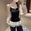Korean version double-layer lace hem stacked sling vest women's summer outer wear ballet style bow lace edge top