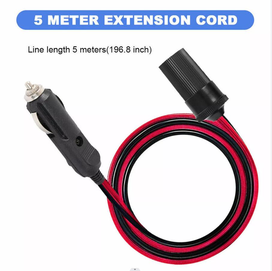12V Car Cigarette Lighter Plug Extension Cord with Female Socket Adapter, 5M Cable, 2M Charging Extension.