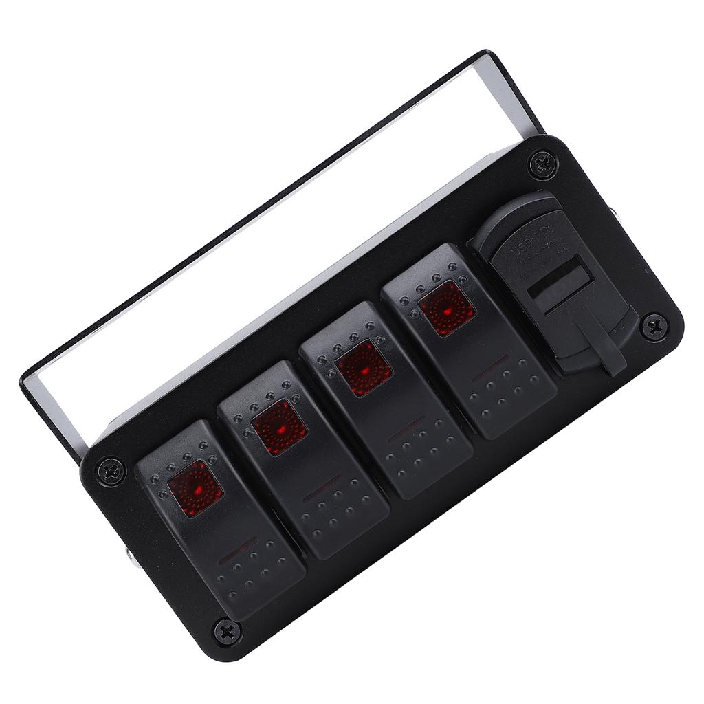 4 Gang Rocker Switch Panel with PD Type C QC3.0 USB Charger Waterproof Universal Fit for Car Truck Boat RV UTV ATV Red