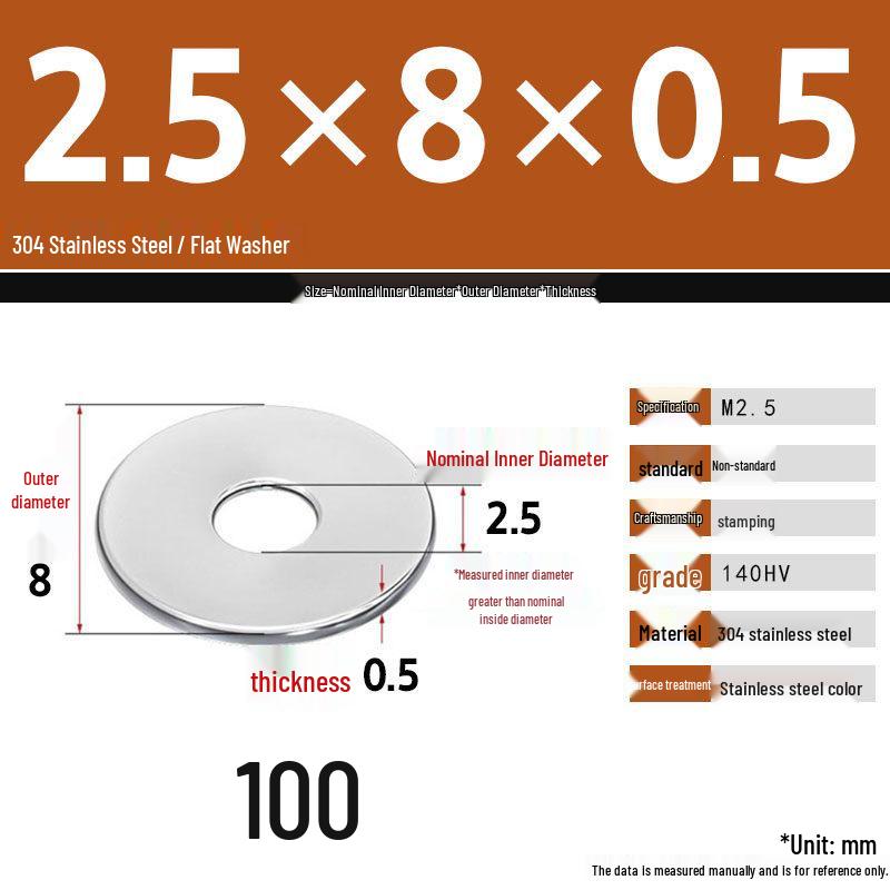 304 Stainless Steel Thickened Flat Washer Set, Sizes 2-36