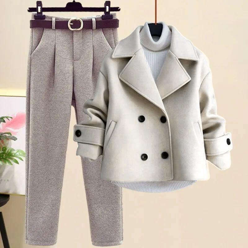 Autumn and Winter Woolen Coat + Turtleneck Sweater + High Waist Harlan Woolen Pants Three-piece Fashion Suit