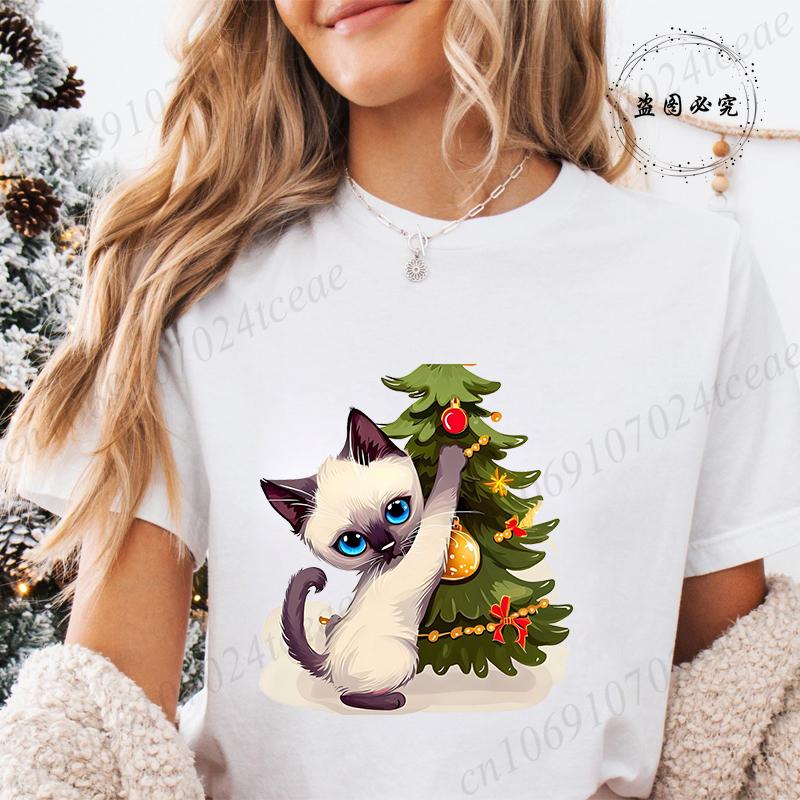 Funny Christmas Cat Women TShirt Xmas Cat Graphic TShirts Tops Short Sleeve Tees Casual Harajuku Street Tshirt Female Clothing