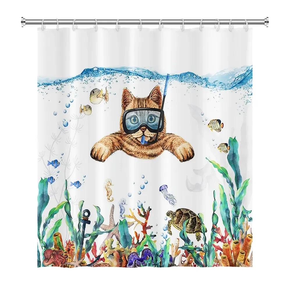 Funny Cat Shower Curtain Cartoon Cute Cats Dog Kids Shower Curtain for Bathroom Waterproof Polyester Home Decor Shower Curtains