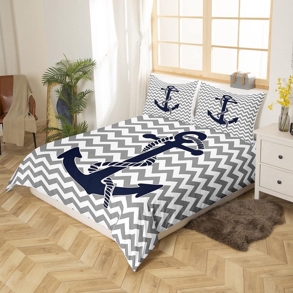 Nautical Anchor Striped Pattern Bedding Cover With Pillowcase Quilt Cover Three-Piece Duvet Cover Set