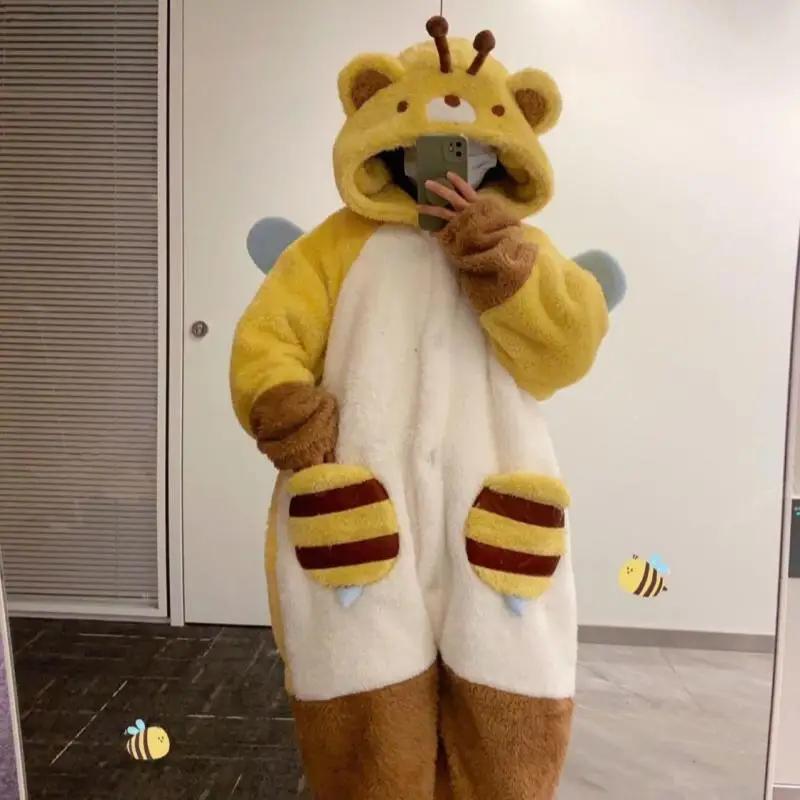 חלוק חמוד לנשים קטיפה עבה הלבשת שינה מחוזקת חם פלנל שק שינה מצויר פיג'מה שלמה בעלי חיים הלבשת בית לגברים ונשים