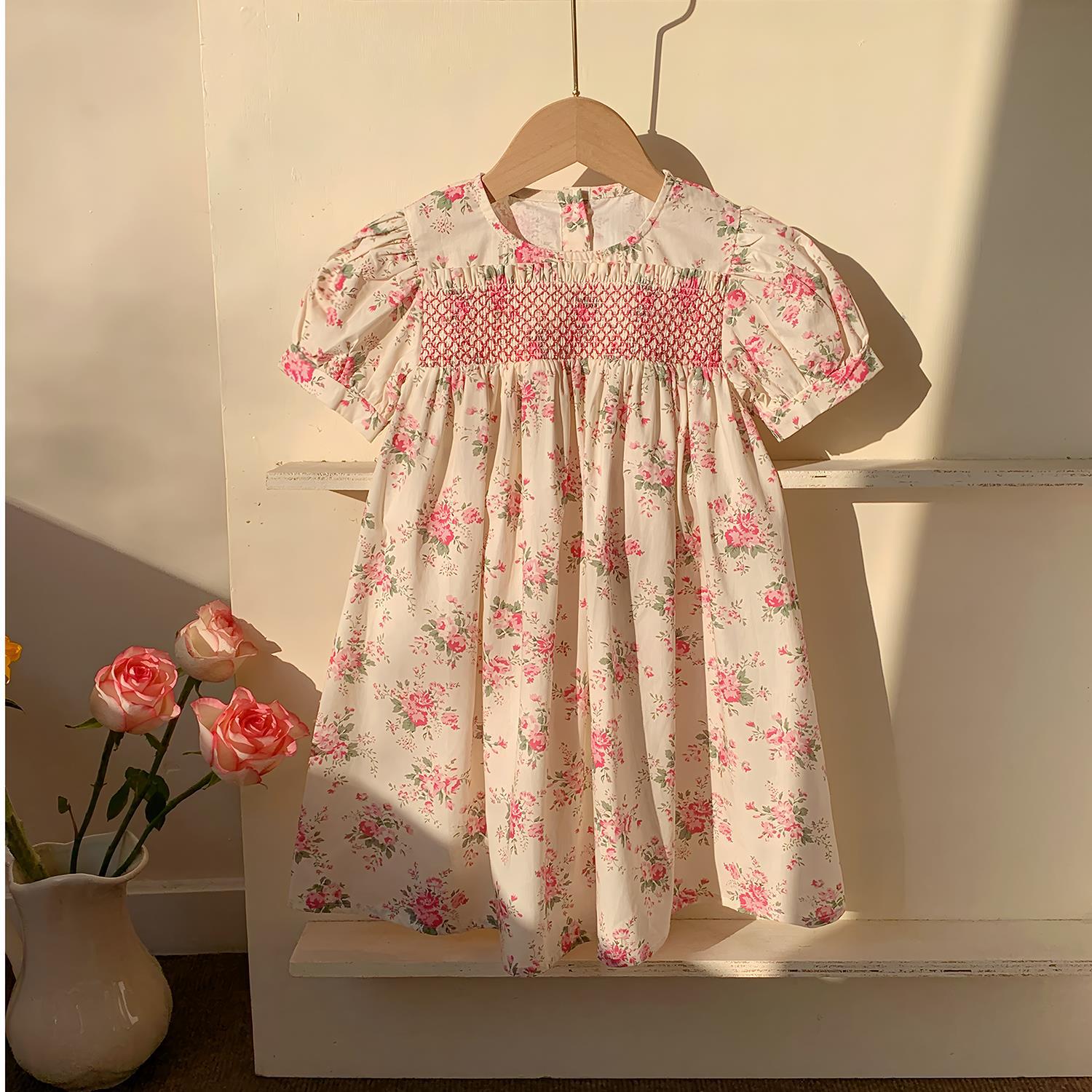 Girls Summer Puff Sleeve Printed Dress Sweet Round Neck Princess Dress Kids Clothing 90cm